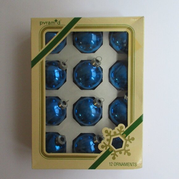12 Pyramid Blue Glass Christmas Ornaments 1 1/4” Vintage in orignal box - Picture 1 of 12